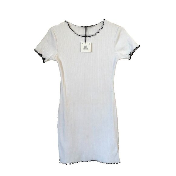 NWOT ZARA Short Sleeve Ribbed Knit Mini Dress Sze Medium White Black Ruffle Trim - Picture 1 of 6